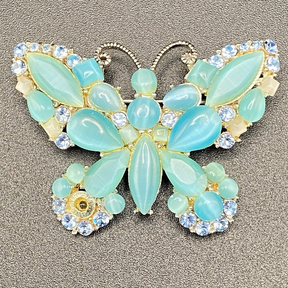 Monet Silver Tone Butterfly Brooch Vintage Multi-Color Rhinestone 2"
